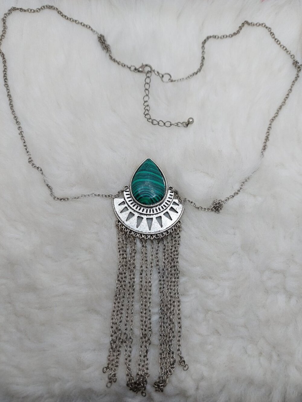Silver Tone Tear-drop Natural Malachite Stone Pendent Necklace Layered Chain Tas